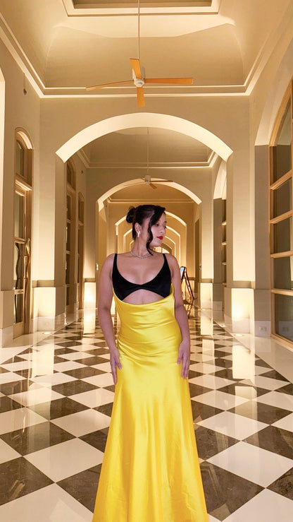 Satin Column Evening Dress in Butter Yellow